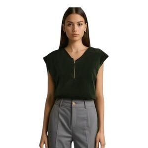 Green Envelope Los Angelos Front Zipper Blouse Ladies Short Sleeve Black Sz S